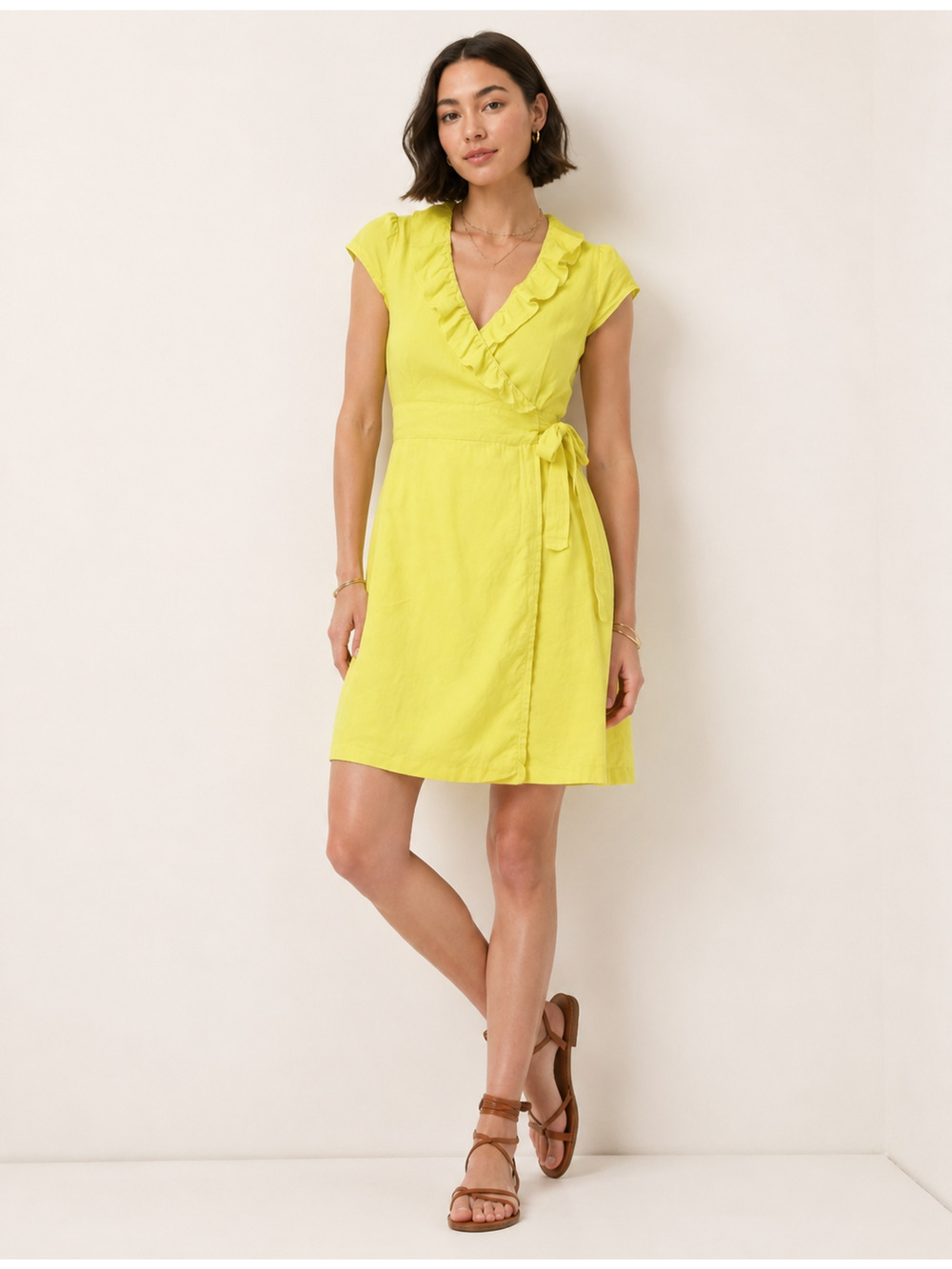 J. Crew 100% Linen Cap Sleeve Ruffled Wrap Dress Size 4 Small Neon Yellow